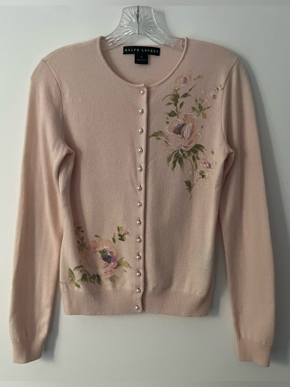 Vintage Ralph Lauren 100% Cashmere Floral Pearl Button Pink Cardigan Sweater S